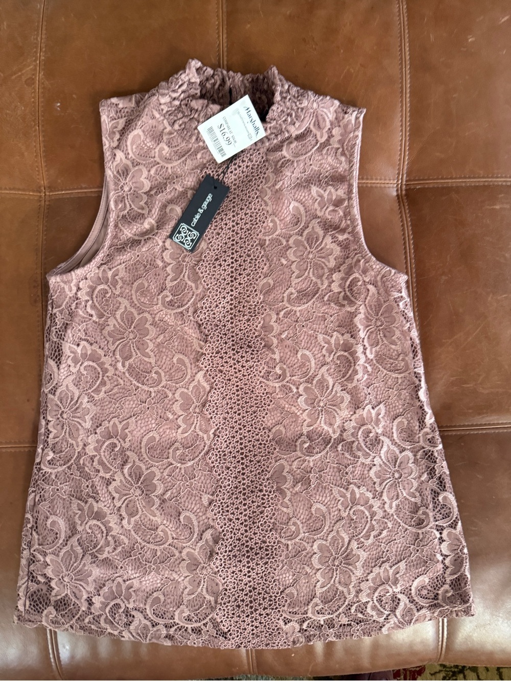 Cable & Gauge Dusty Rose Lace Mock Neck Sleeveless Camisole